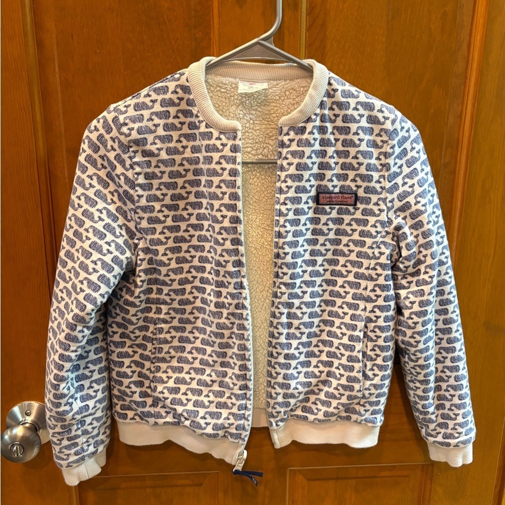 Vineyard Vines Girls Reversible Whale Print Sherpa Bomber Jacket Size M 10-12 - Picture 8 of 11